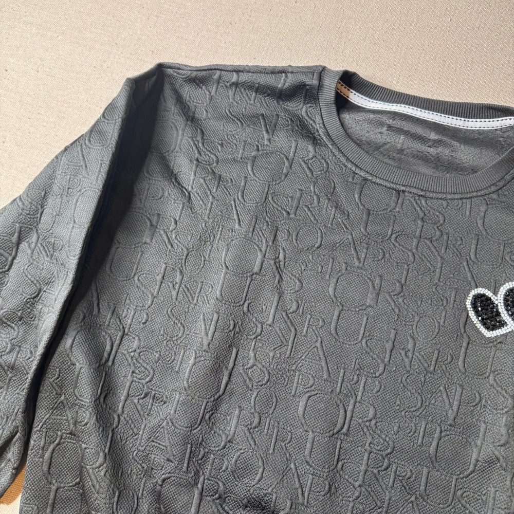 Cropped Black Embossed Sweatshirt Rhinestone‎ Heart Coquette Y2K Women's Small